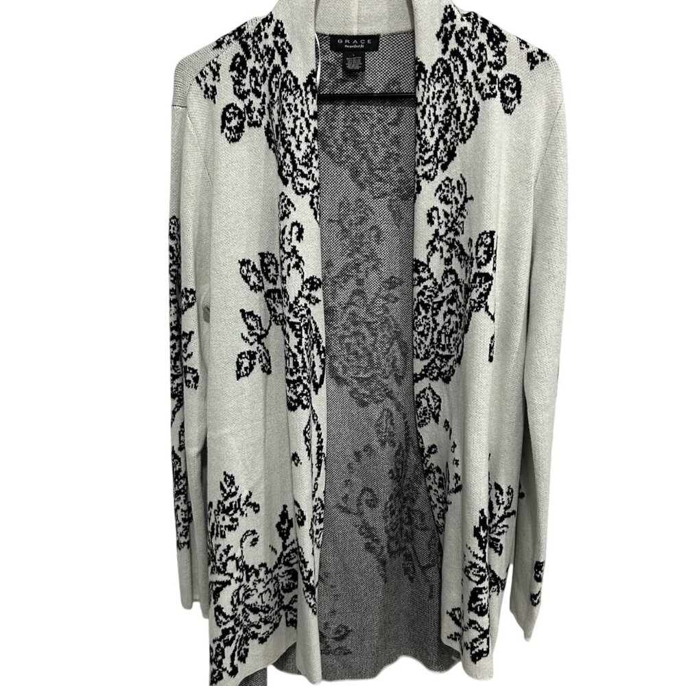 Grace Floral Open Front Cardigan Sweater Light Gray Black Size L Casual Layering